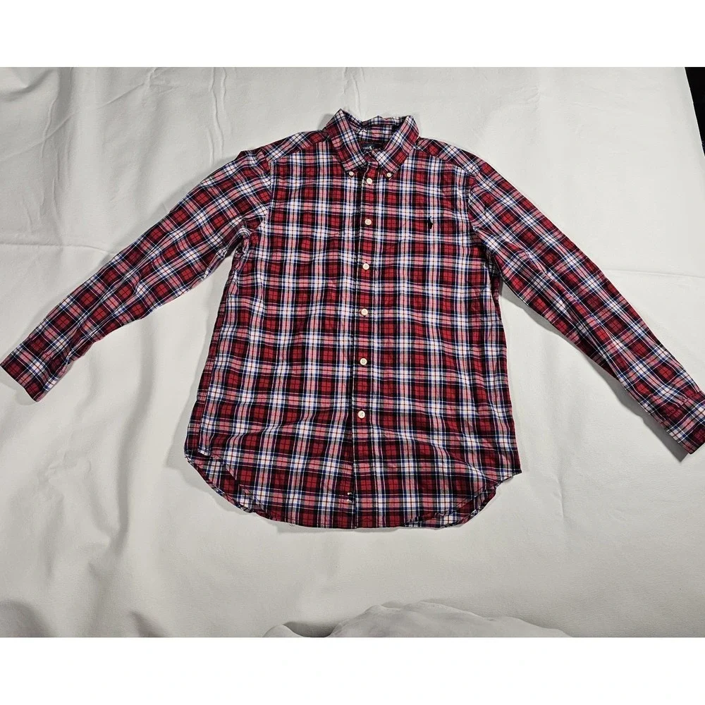 Ralph‎ Lauren Boys L 14-16 Red Plaid Button Down Shirt Long Sleeve Pony Logo